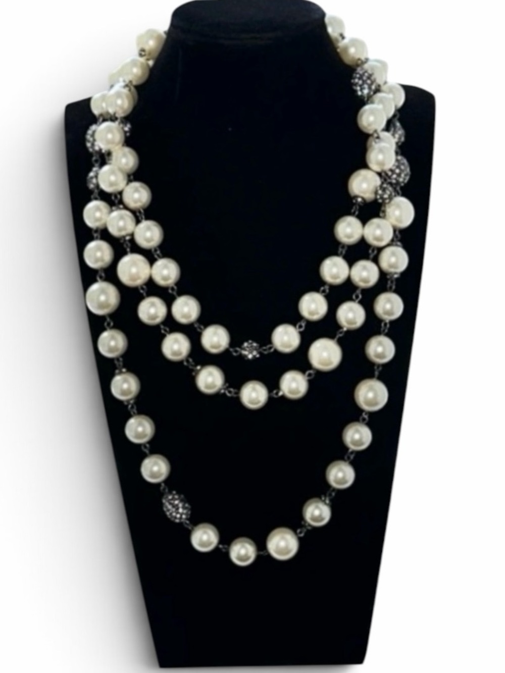 Joan Boyce White Pearl and Crystal Rondelle Beaded 59” Rope Necklace